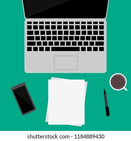 modern workspace; top view of laptop computer, smartphone, blank paper and office supplies. vector illustration.