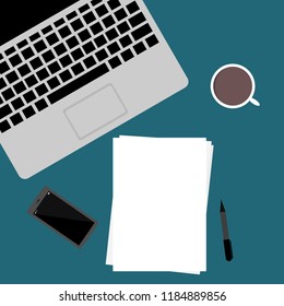 modern workspace; top view of laptop computer, smartphone, blank paper and office supplies. vector illustration.