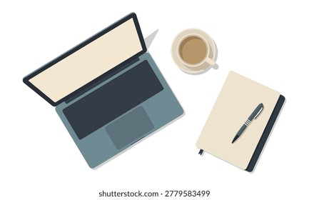 Modern Workspace Top View Vector with Laptop, Coffee, and Notebook