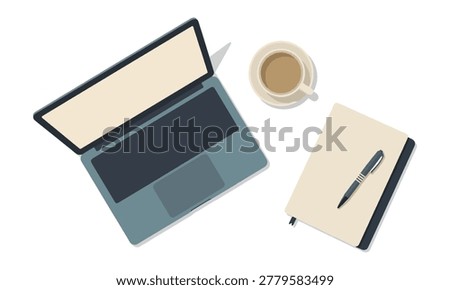 Modern Workspace Top View Vector with Laptop, Coffee, and Notebook