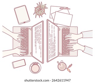 In a modern workspace, two focused individuals use their laptops, surrounded by various devices and stationery