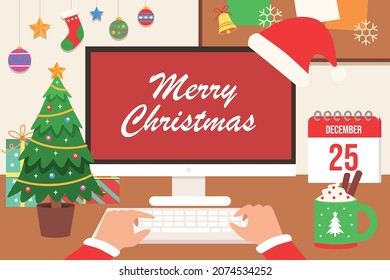 Modern workspace vector set with Christmas decoration