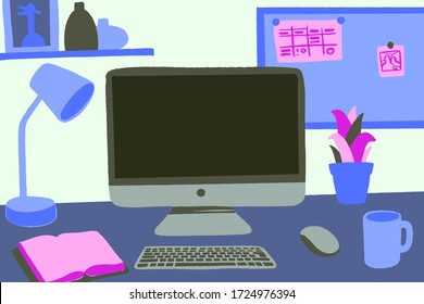 Modern workspace vector set with computer desktop, lamp, diary, books, frames and accessories on table. Flat lay front view hand drawn colorful mock up. Home office, freelance concept.