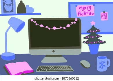 Modern workspace vector set with computer desktop, accessories and Christmas decorations on table. Flat lay front view hand drawn colorful mock up. Home office, freelance concept.