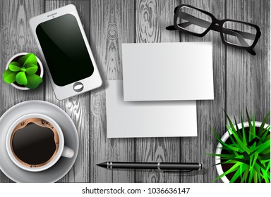 Modern workspace vector set with stationery