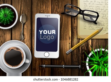 Modern workspace vector set with stationery