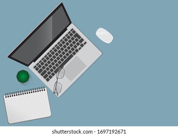 Modern workspace vector set with stationery on blue background, Flat lay top view mock up.
