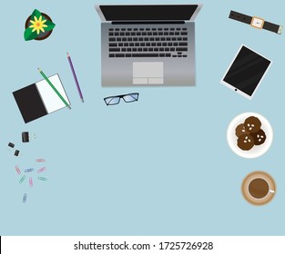 Modern workspace vector set with stationery on blue background. Flat lay top view mock up with realistic computer notebook, a cup of coffee, Flower pot and glasses. Home office, freelance concept.