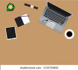 Modern workspace vector set with stationery on wood background. Flat lay top view mock up with realistic computer notebook, a cup of coffee, Flower pot and glasses. Home office, freelance concept.
