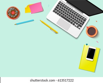Modern workspace vector set with stationery on pastel green background. Flat lay top view mock up with realistic mobile phone, laptop, notebook and donut. Blog header. Home office, freelance concept.