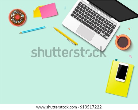 Modern workspace vector set with stationery on pastel green background. Flat lay top view mock up with realistic mobile phone, laptop, notebook and donut. Blog header. Home office, freelance concept.
