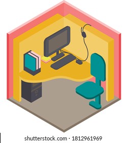 
Modern Workstation Of A Call Center Operator, Office Employee.Colorful Vector Isometric Illustration. Logo Icon Concept Design. Work Place Cubicles With Computer, Table And Headsets. Cartoon Style