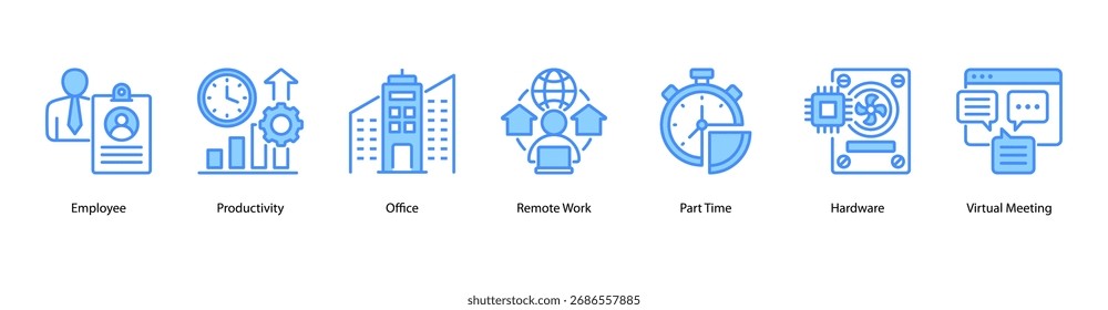 Modern Workstyles web banner icon vector illustration featuring Employee, Productivity, Office, Remote Work, Part Time, Hardware, and Virtual Meeting.