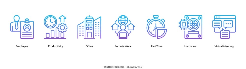 Modern Workstyles web banner icon vector illustration featuring Employee, Productivity, Office, Remote Work, Part Time, Hardware, and Virtual Meeting.