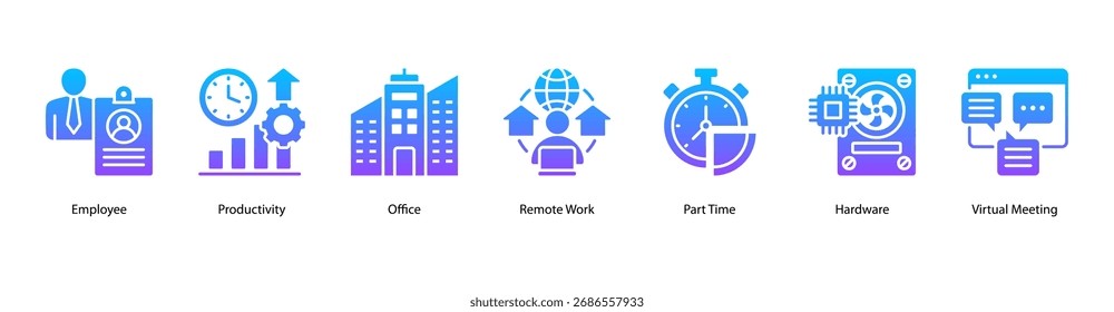 Ilustración vectorial de iconos de Anuncio de Web de estilos de trabajo modernos con empleado, productividad, oficina, trabajo remoto, tiempo parcial, hardware y reuniones virtuales.