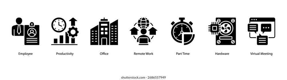 Modern Workstyles web banner icon vector illustration featuring Employee, Productivity, Office, Remote Work, Part Time, Hardware, and Virtual Meeting.