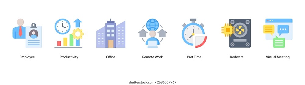 Ilustración vectorial de iconos de Anuncio de Web de estilos de trabajo modernos con empleado, productividad, oficina, trabajo remoto, tiempo parcial, hardware y reuniones virtuales.