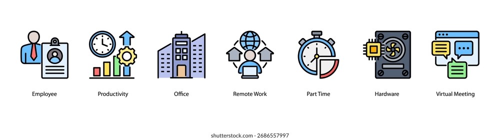 Ilustración vectorial de iconos de Anuncio de Web de estilos de trabajo modernos con empleado, productividad, oficina, trabajo remoto, tiempo parcial, hardware y reuniones virtuales.