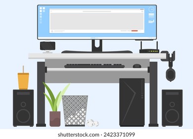 Modern worktables with ultrawide monitor, Front view of computer desk, Speaker and headphone and phone charger on the working table.