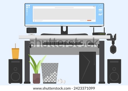 Modern worktables with ultrawide monitor, Front view of computer desk, Speaker and headphone and phone charger on the working table.
