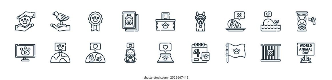 modern world animal day icon pack. perfect for linear ui designs featuring vector world animal day, no cage, flag, world animal day, pet food, cat, and more icons for mobile and web apps.