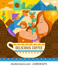 Modern World coffee day poster in geometric style. Aroma from cup of coffee showing farmer collecting and woman smelling plant.