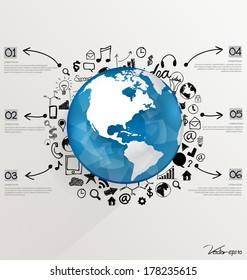 Modern world globe with application icon, modern template design. Vector illustration.