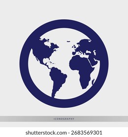 Ícone de globo do mundo moderno representando conexões de negócios globais e comunicações internacionais em azul marinho ousado perfeito para design de site ou apresentações