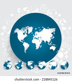 Modern world map and globe with application icon, modern template design. Vector illustration.