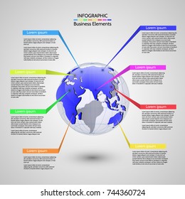 Modern world map globe infographic.