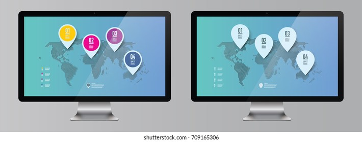 Modern world map infographic with realistic 3D computer monitor and design elements Eps 10 stock vector illustration 