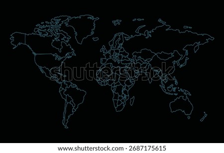 Modern world map with neon blue lines on black background, digital futuristic global geography vector illustration
