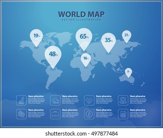 Modern world map with pins graphic design. Vector infographic