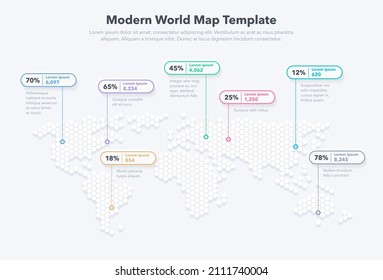 Modern world map template with colorful pointer marks and statistics. Easy to use for your design or presentation.