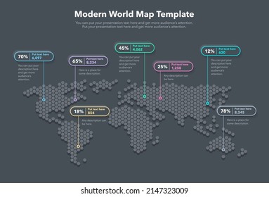 Modern world map template with colorful pointer marks and statistics - dark version. Easy to use for your design or presentation.	