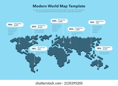 Modern world map template with pointer marks and statistics - blue version. Easy to use for your design or presentation.