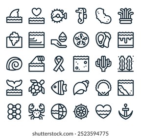 modern world oceans day icon pack. perfect for linear ui designs featuring vector anchor, world oceans day, rudder, world oceans day, crab and more icons.