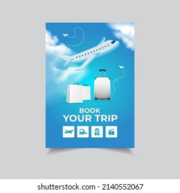 Modern World Tourism Business Flyer Design Template. Book Your Trip Business Flyer Design Background. Blue Sky Business Flyer Design Background With Plane And Suitcase.