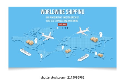 Modern world wide international shipping business isometric concept with export, import, warehouse business, transport. Vector illustration