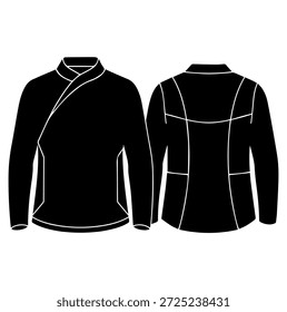 Moderna chaqueta de chef estilo envoltorio de manga larga Ilustración vectorial de silueta para Plantilla de diseño de uniforme de cocina de restaurante profesional culinario
