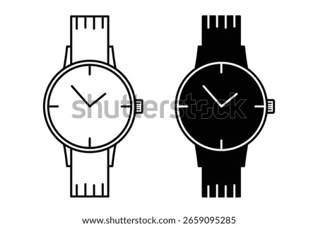 Modern wrist, analog watch, time display, black and white, simple outline, fashion accessory, clock icon vector illustration set.