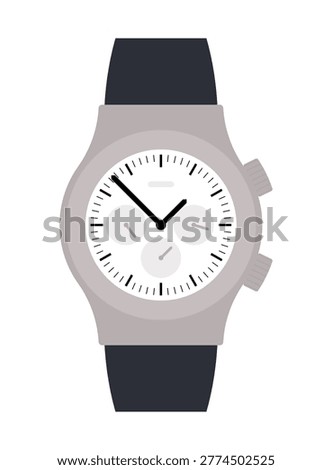 Modern wristwatch with chronograph dial. Analog hand watch with strap and round case. Simplicity vector illustration
