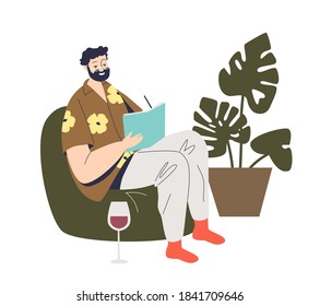 Modern writer man sitting in armchair and creating story writing notes in notebook. Hipster writer or freelance journalist looking for imagination and inspiration. Vector illustration