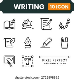 Iconos modernos de la escritura, pluma y texto, iconos planos de la creación del contenido del Vector para los Sitios web de los App y diseño de UI UX