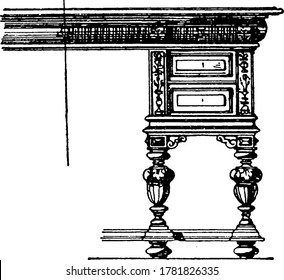 The Modern Writing-Table with eight legs and side drawers, vintage line drawing or engraving illustration.