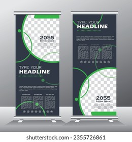 modernes x-banner, Roll-up Banner Vertikal Template Design, für Broschüre, Business, Flyer, Standbanner.  und Werbebanner. Vektorgrafik zieht Banner mit einer Farbe von Grün und Asche auf