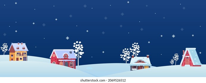 Modern Xmas geometric design with winter landscape with village houses, forest in green, red, white colors. Horizontal poster, greeting card, header for web