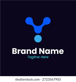 Modern Y letter monogram logo featuring molecular connection points. Creative initial for biotech, software, and tech startup identity. Sleek blue gradient design for digital communication