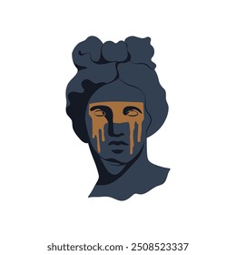 Modern y2k aesthetic greek man ancient character flowing gold effect on face, 2000s element. Vector retro illustration