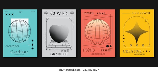 Modern y2k banner design background. Abstract element graphic with lines, wireframes, futuristic shapes. Aesthetic cards collection illustration for flyer, brochure, invitation, social media, poster.